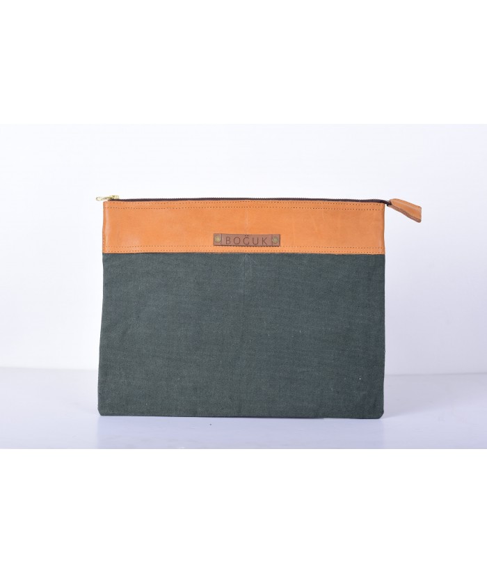 Tan Leather/Green Canvas 13' Laptop Sleeve